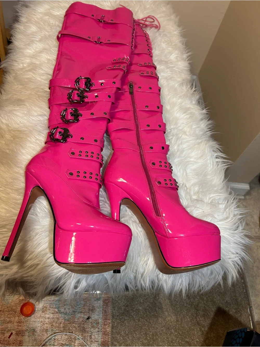 Hot Pink Over-the-Knee Platform Stiletto Boots with Buckle Straps